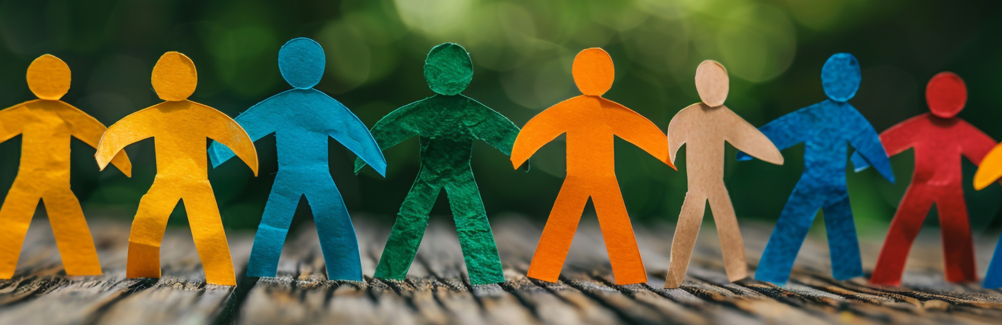 Bunte Papierfiguren in Blau, Grün und Orange stehen auf einem Holztisch, Hand in Hand, Gemeinschaft symbolisierend vor verschwommenem, grünen Naturhintergrund.