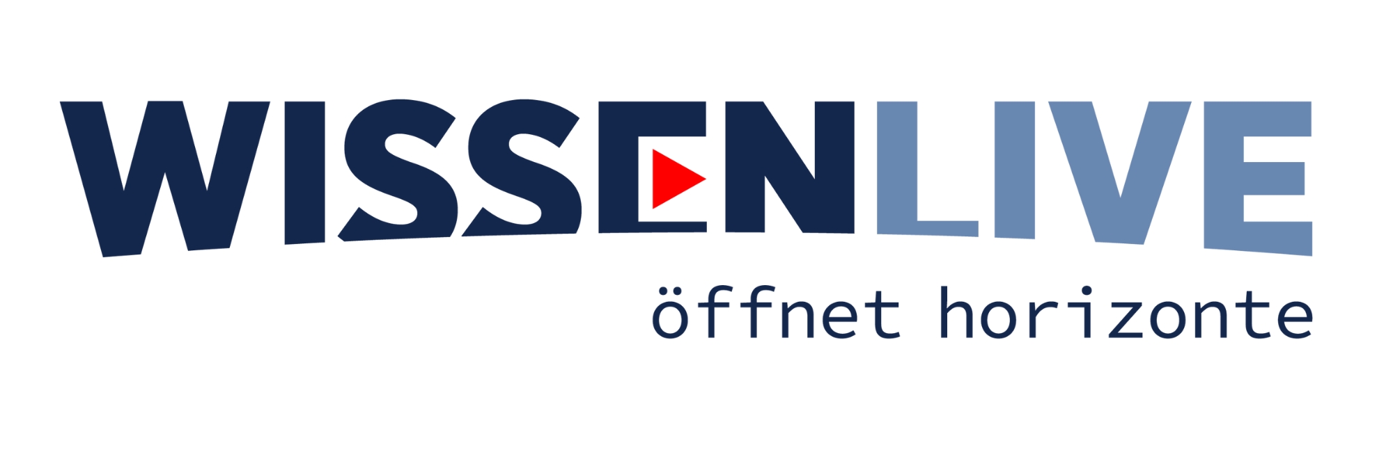 Das Bild zeigt das Logo „WISSEN LIVE öffnet horizonte“. Der Text ist in blauer Schrift gestaltet, wobei das Wort „LIVE“ in einem helleren Blau erscheint und ein rotes Dreieck im Buchstaben „E“ als Play-Symbol integriert ist.