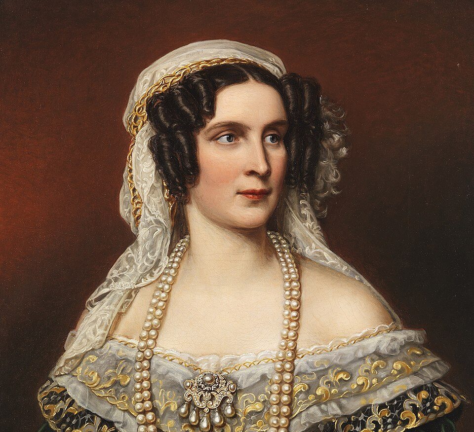 Porträt einer Frau mit Lockenfrisur, Perlenkette und Schleier, gemalt von Joseph Karl Stieler.