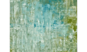 Abstraktes Bild eines Bergsees in der Schweiz mit verschiedenen Blau- und Grüntönen, das Ruhe und Weite ausdrückt, gemalt von Yo Franklin.