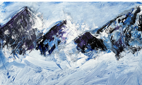 Acrylgemälde einer verschneiten Berglandschaft von Fancher Brinkmann zum Kurs „Berge als farbige Vision“ der vhs Oberhaching