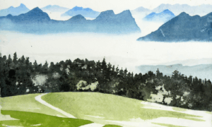 Reduziertes Aquarell „Irschenberg“ von Christian Eckler – sanfte Berglandschaft in Blau- und Grüntönen, Motiv des vhs-Programmhefts Oberhaching