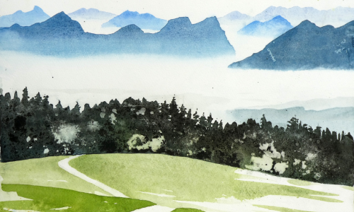 Reduziertes Aquarell „Irschenberg“ von Christian Eckler – sanfte Berglandschaft in Blau- und Grüntönen, Motiv des vhs-Programmhefts Oberhaching
