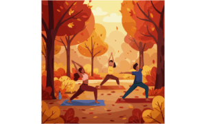 Illustration von Menschen beim Yoga in einer herbstlichen Waldlandschaft – Symbol für Ruhe, Achtsamkeit und Yin Yoga im Herbst.