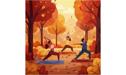 Illustration von Menschen beim Yoga in einer herbstlichen Waldlandschaft – Symbol für Ruhe, Achtsamkeit und Yin Yoga im Herbst.