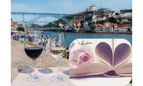 Zwei Weingläser vor der Kulisse von Porto sowie ein aufgeschlagenes Buch in Herzform mit Rose – Symbolbild für Wein und Literatur.