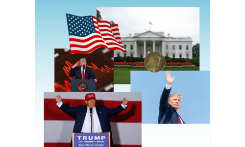 ollage mit Donald Trump bei mehreren öffentlichen Auftritten, der US-Flagge und dem Weißen Haus als Symbolbild für die amerikanische Politik