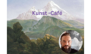 Gemalte Berglandschaft mit dem Schriftzug ‚Kunst-Café‘ und rundem Porträt eines Mannes