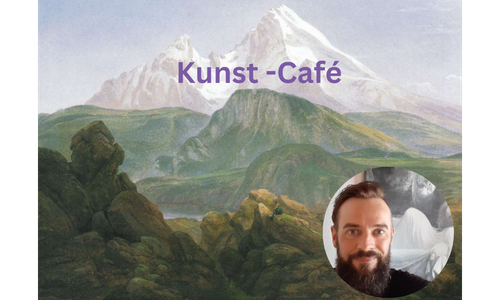 Gemalte Berglandschaft mit dem Schriftzug ‚Kunst-Café‘ und rundem Porträt eines Mannes