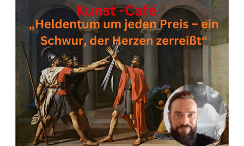 Gemälde „Der Schwur der Horatier“ von 1784 mit drei schwörenden Brüdern und Vaterfigur im Kunst-Café der vhs Oberhaching.