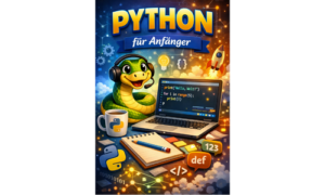 Illustration eines Einsteigerkurses zum Programmieren mit Python mit Laptop und Codebeispiel.
