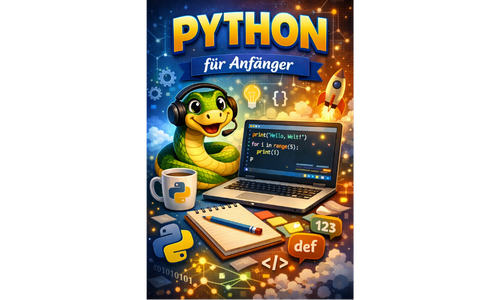 Illustration eines Einsteigerkurses zum Programmieren mit Python mit Laptop und Codebeispiel.
