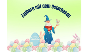 Illustration eines Zauberers mit spitzem Hut, der ein Buch hält und einen kleinen Hasen zeigt, umgeben von vielen bunten Ostereiern.