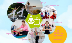 Collage mit verschiedenen Bewegungs- und Entspannungsangeboten wie Yoga, Tanz und Fitnesskursen
