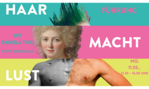 Collage zur Ausstellung „Haar macht Lust“ mit historischen und modernen Darstellungen von Haar in der Kunst