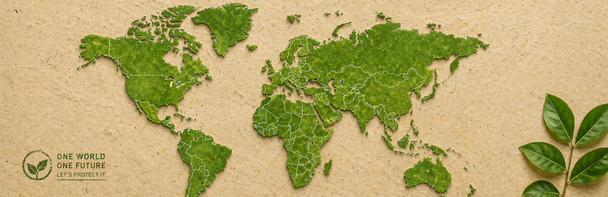 Weltkarte aus grünen Blättern auf hellem Hintergrund mit Umweltmotiv und Text „One World One Future“.