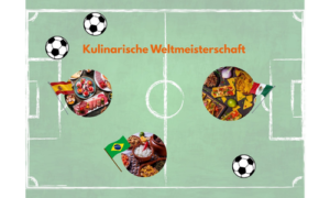 Grafik zur kulinarischen Weltmeisterschaft mit Fußballfeld, Länderflaggen und Speisen aus Spanien, Mexiko und Brasilien.