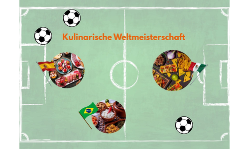 Grafik zur kulinarischen Weltmeisterschaft mit Fußballfeld, Länderflaggen und Speisen aus Spanien, Mexiko und Brasilien.
