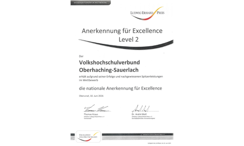 Zertifikat zur nationalen Anerkennung für Excellence Level 2 des Volkshochschulverbunds Oberhaching–Sauerlach.