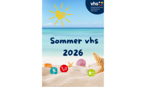 Sommerliche Grafik zur Sommer-vhs 2026 mit Symbolen für Gesundheit, Kultur und Kinderkurse.