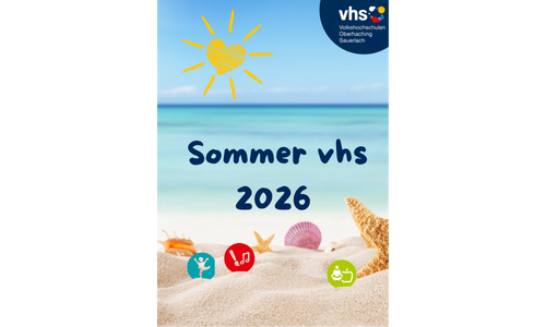 Sommerliche Grafik zur Sommer-vhs 2026 mit Symbolen für Gesundheit, Kultur und Kinderkurse.