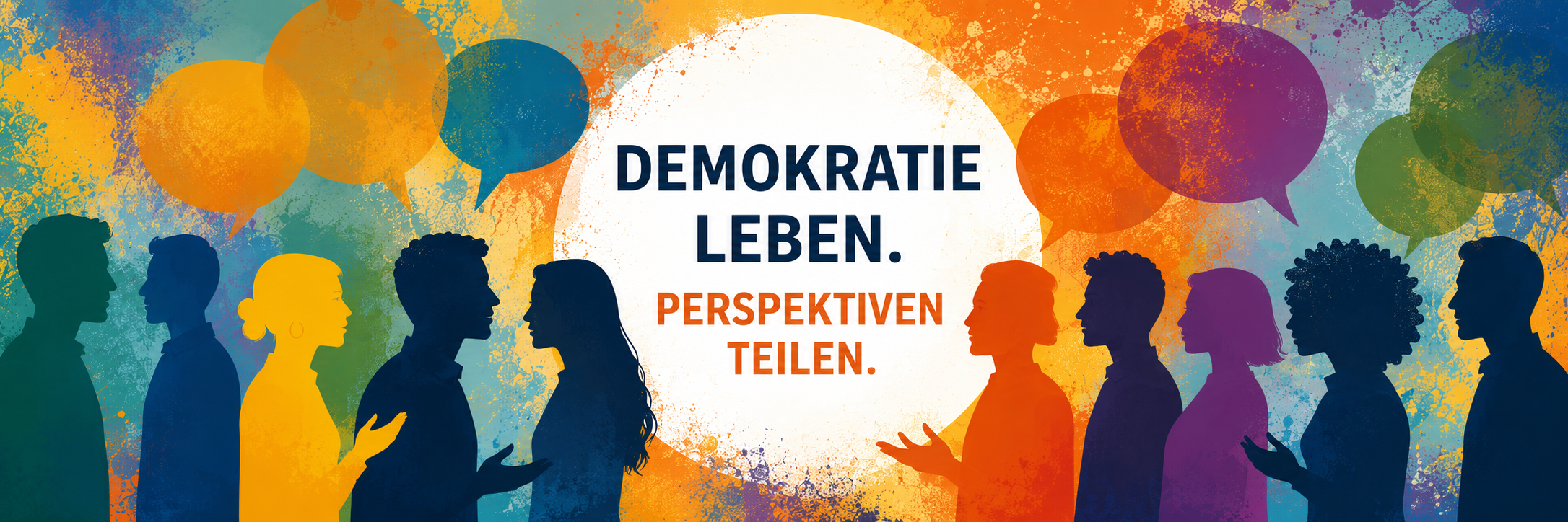 Bunte Illustration mit diskutierenden Personensilhouetten, Sprechblasen und dem Schriftzug „Demokratie leben. Perspektiven teilen.“
