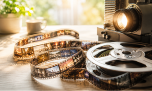 Historischer Filmprojektor mit Filmstreifen und Filmrolle in warmem Licht