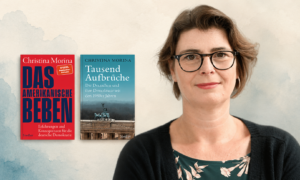 Porträt von Christina Morina neben den Buchcovern „Das amerikanische Beben“ und „Tausend Aufbrüche“