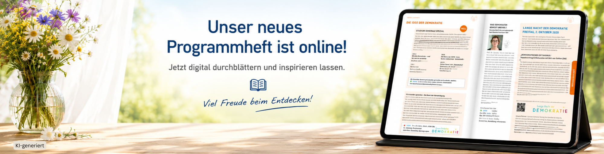 Digitales Programmheft der vhs Oberhaching-Sauerlach auf einem Tablet vor sommerlicher Fensterkulisse