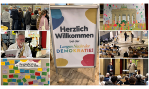 Collage von der Langen Nacht der Demokratie 2026 im Rathaus Oberhaching mit Publikum, Musik, Gesprächen und Beteiligungsangeboten.