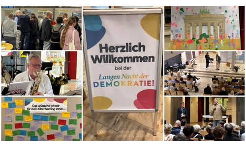 Collage von der Langen Nacht der Demokratie 2026 im Rathaus Oberhaching mit Publikum, Musik, Gesprächen und Beteiligungsangeboten.