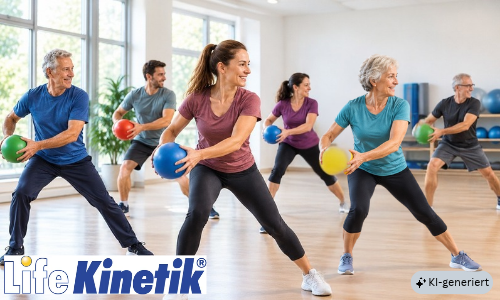 KI-generiertes Symbolbild von fünf Erwachsenen unterschiedlichen Alters. Sie trainieren in einem hellen Bewegungsraum mit bunten Bällen ihre Koordination. Im Vordergrund ist das Life-Kinetik-Logo zu sehen.